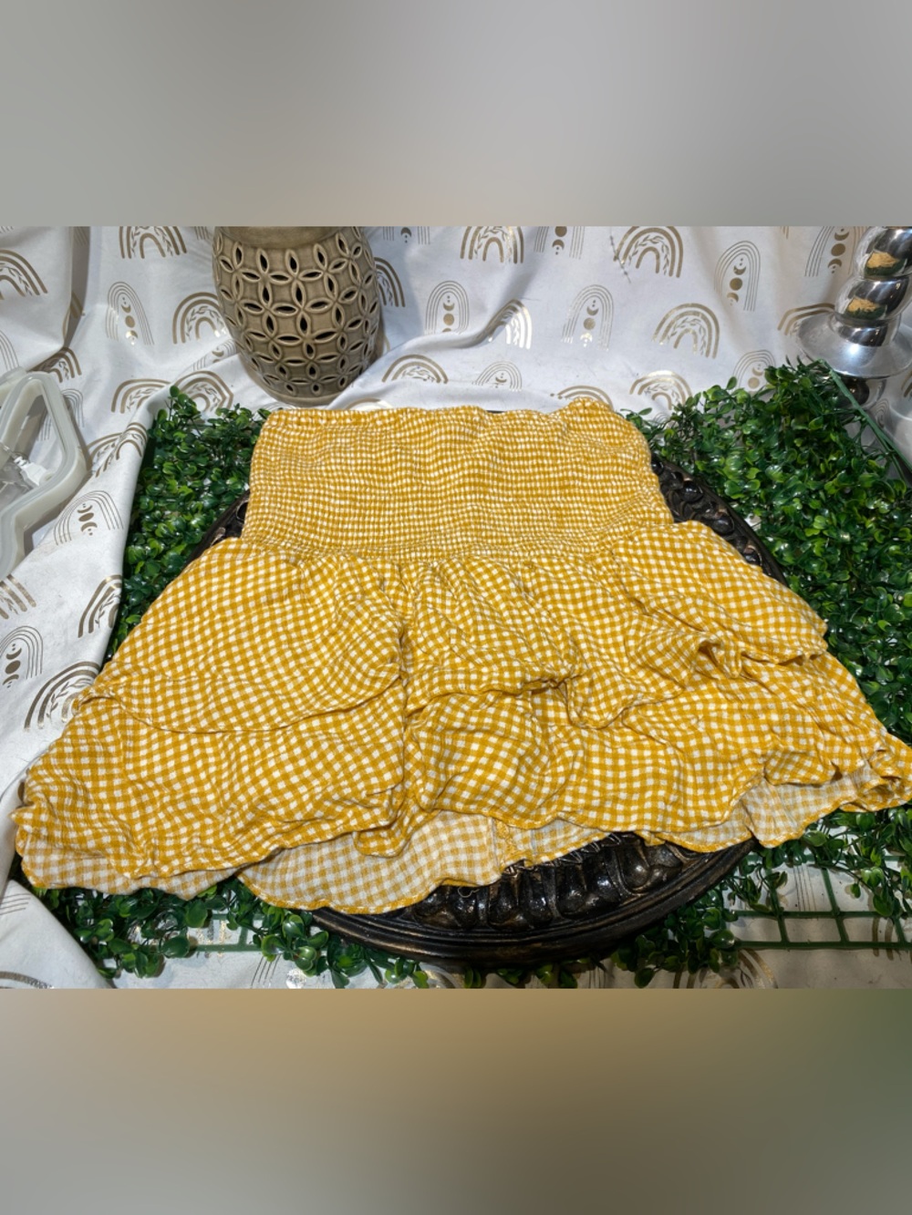 Sage Yellow and White Gingham Knit Skirt